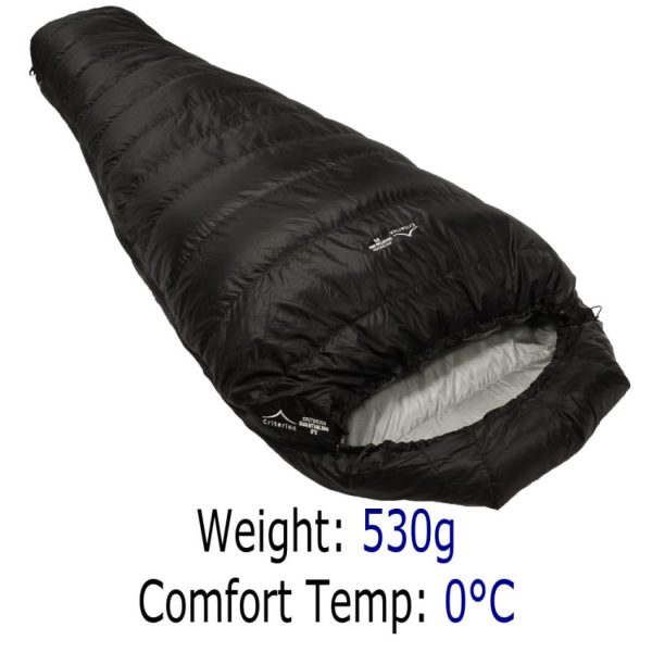 Down Sleeping Bags - Criterion Quantum 200 - Total Weight 530 gms; Temperature 0 °C. THIS IS OUR VERY LIGHTEST SLEEPING BAG !!