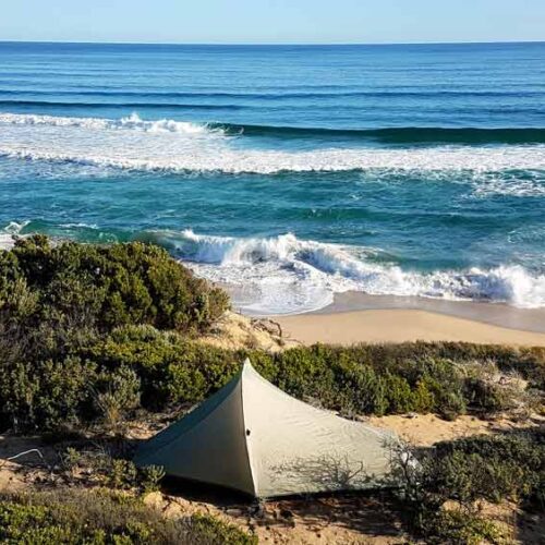 A tent in the dunes with the Tasman see in the background and blue skies